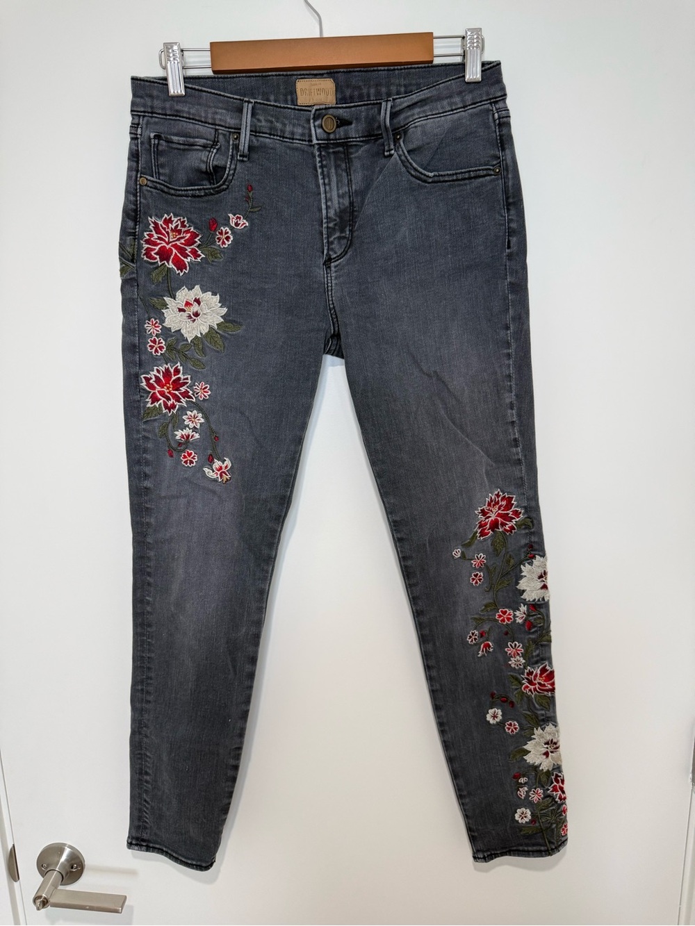 DRIFTWOOD Jackie Gray Skinny Jeans with Red & Cream Floral Embroidery